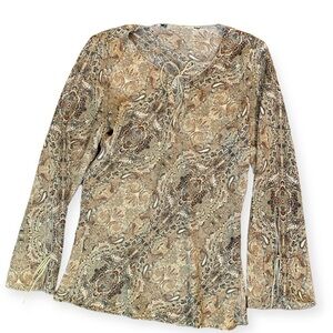 Vintage Y2k Bell Sleeve‎ Top Women’s Ruffle Flare Sheer Brown Paisley Cottage S